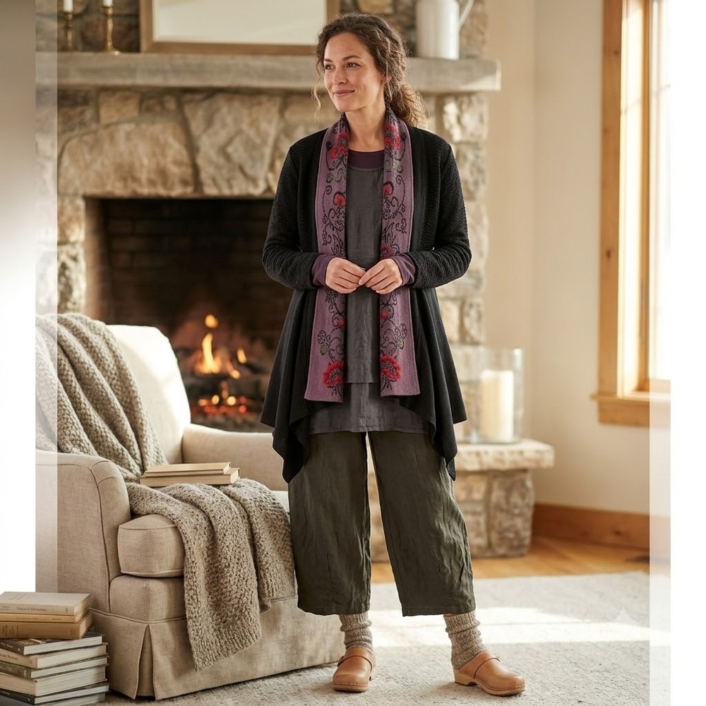 Simply Natural Open Front Cardigan Women S Black Alpaca Blend Floral Embroidered
